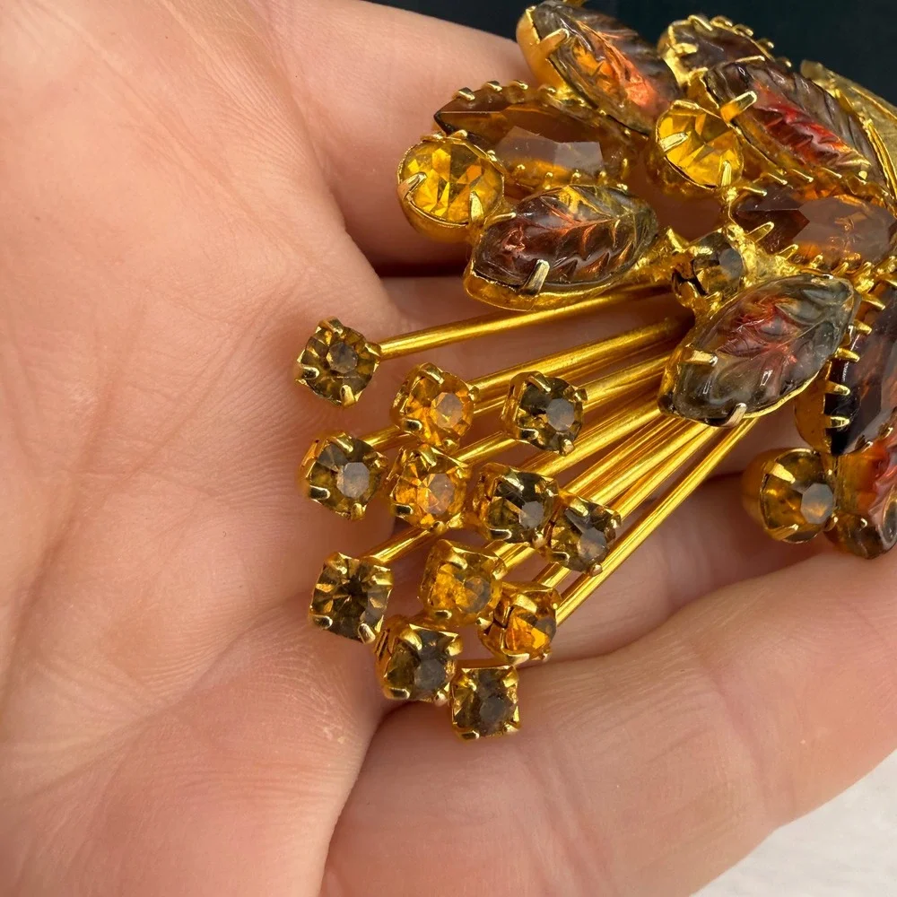 Vintage Rhinestone Brooch Gold Tone Orange Brown Rhinestone Leaf Spray Molded